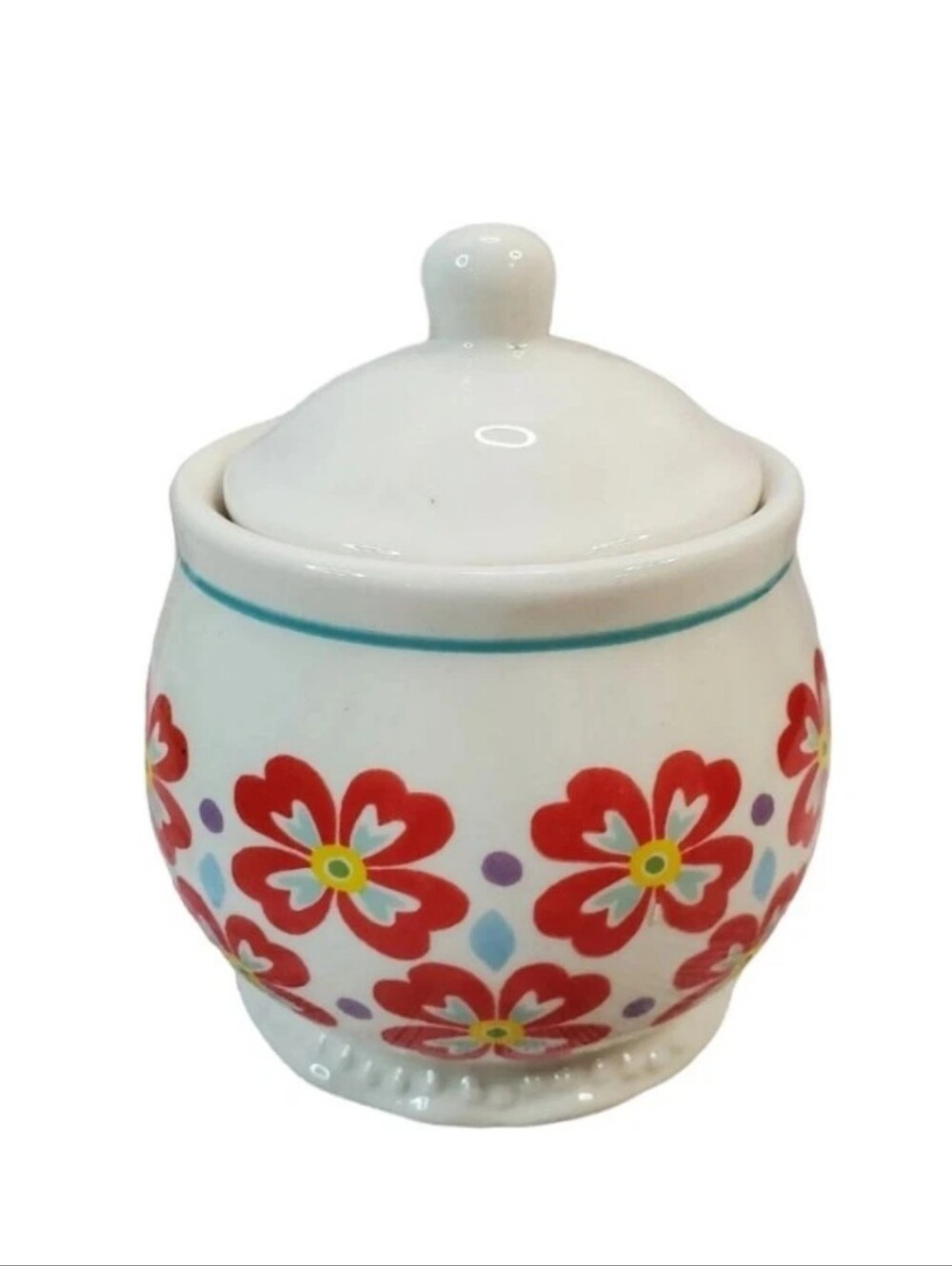 Pioneer Woman White Red Blue Floral Sugar Bowl w/ Lid Farmhouse Crock 5"